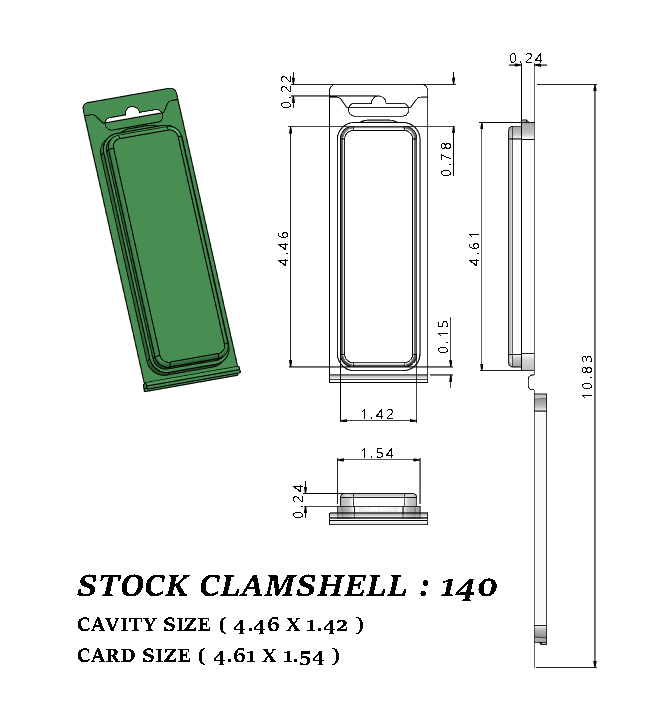 140 ( 4 3/8" x 1 3/8" x 1/2") -Stock Clamshell