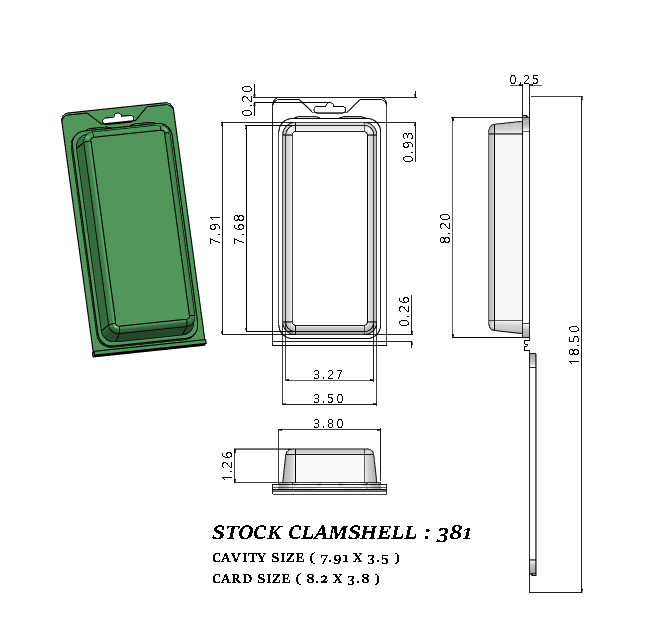 381 ( 7 1/2" x 3" x 1 1/4") -Stock Clamshell