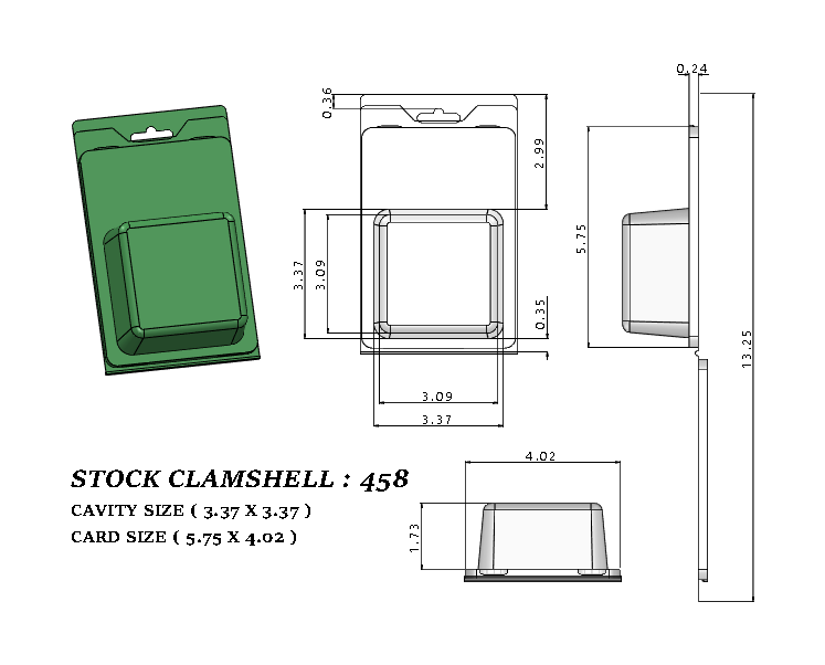 458 ( 3 1/4"L x 3 1/4"W x 1.75"deep ) -Stock Clamshell