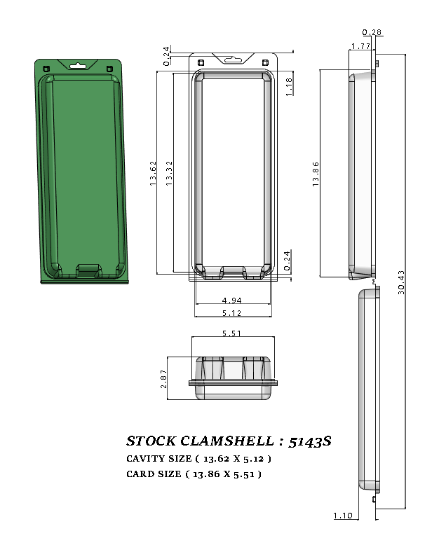 5143S ( 13 1/2" x 5 1/8" x 3" ) -Stock Clamshell