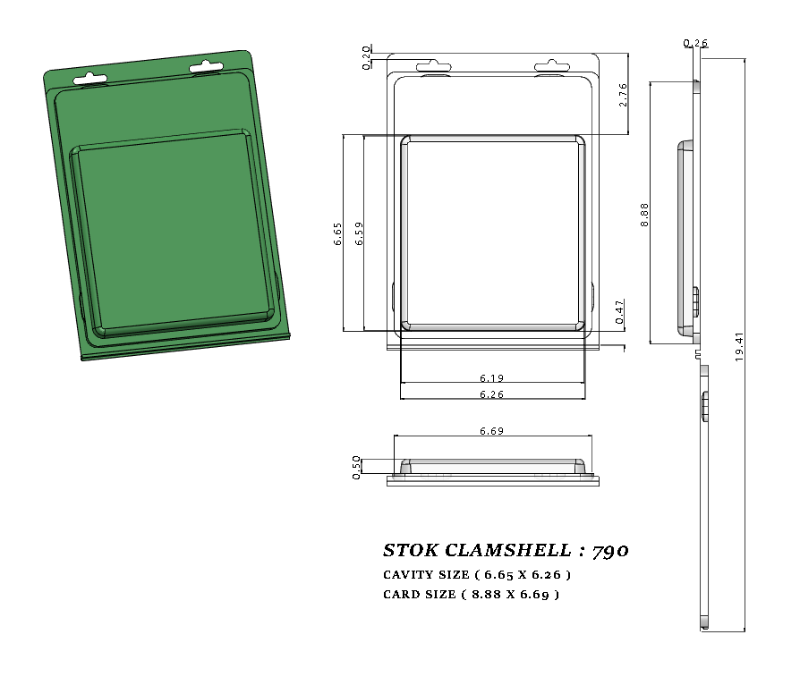 790 ( 6 5/8" x 6 1/4" x 1/2" ) -Stock Clamshell