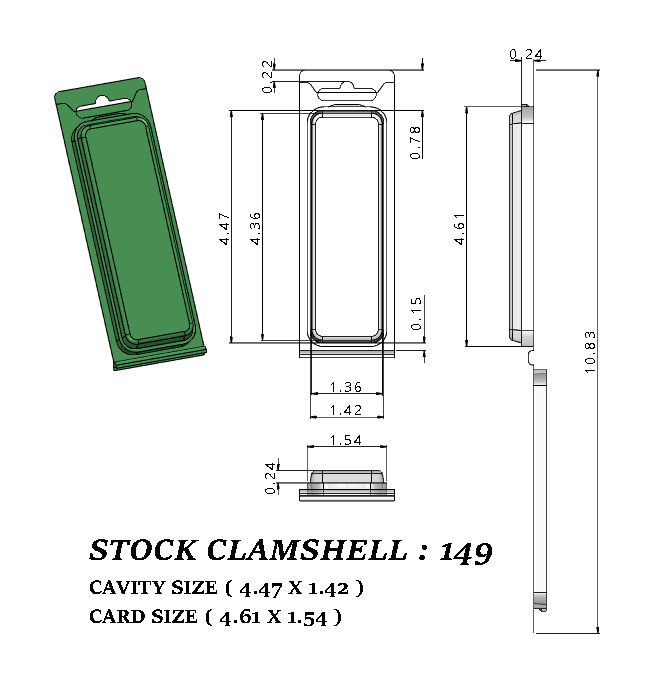 149 ( 1 3/8" x 4 3/8" x 3/4") -Stock Clamshell