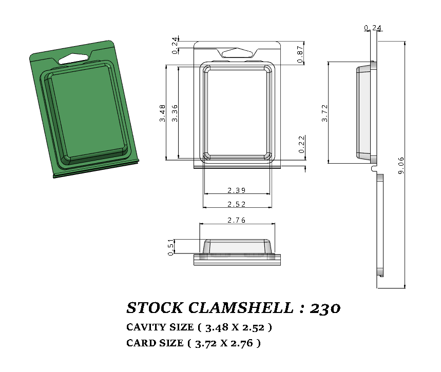 230 ( 2 1/2" x 3 1/2" x 1/2") -Stock Clamshell