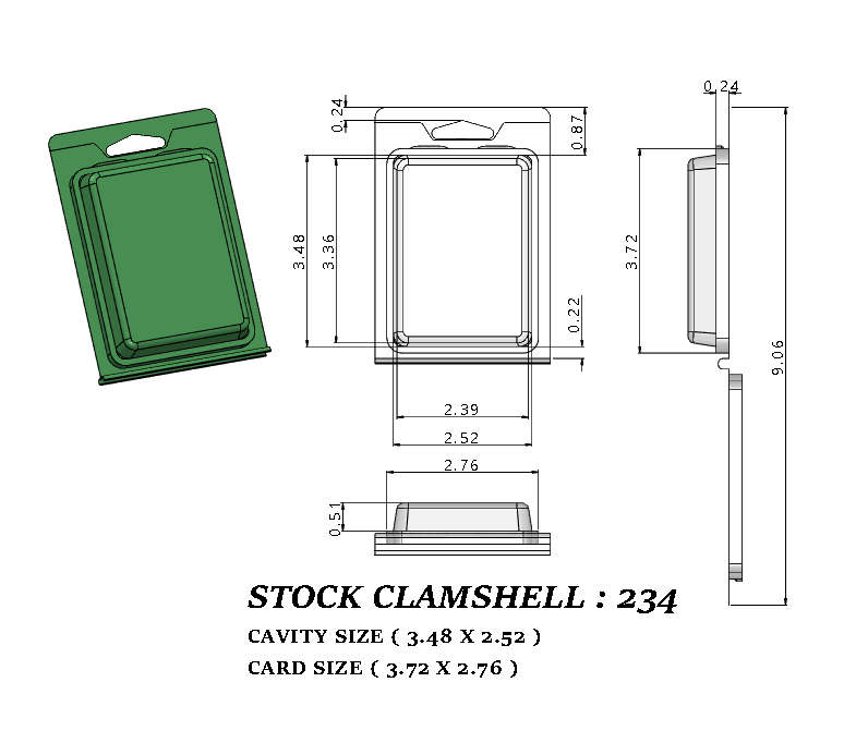 234 ( 2 1/2" x 2 1/2" x 3/4") -Stock Clamshell