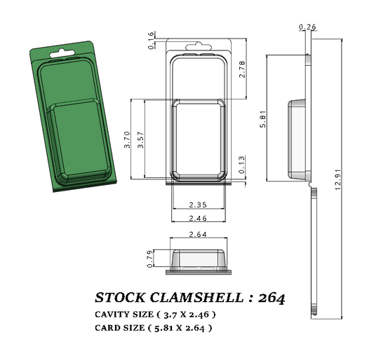 264 ( 2 1/2" x 3 4/4" x 1 1/4") -Stock Clamshell