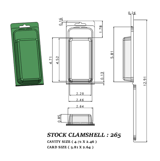 265 ( 2 1/4" x 4 3/4" x 1 1/4") -Stock Clamshell