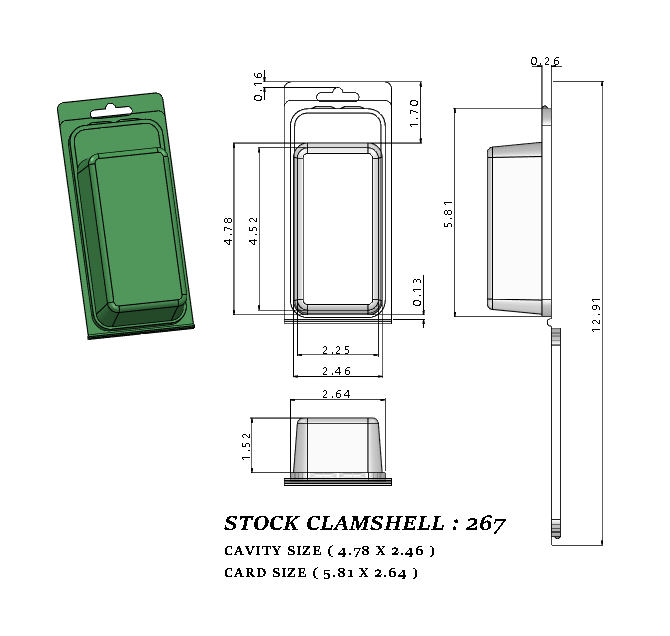 267 ( 2 1/4" x 4 1/2" x 1 1/2") -Stock Clamshell