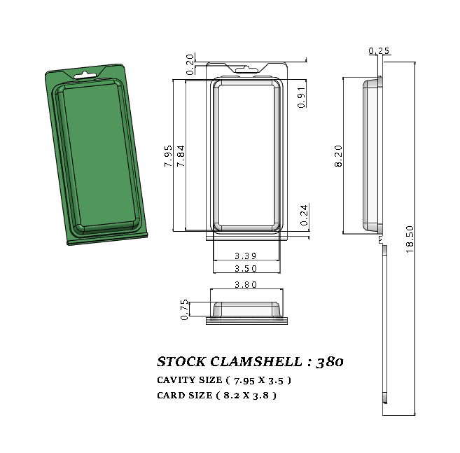 380 ( 3" x 7 1/2" x 1/2") -Stock Clamshell