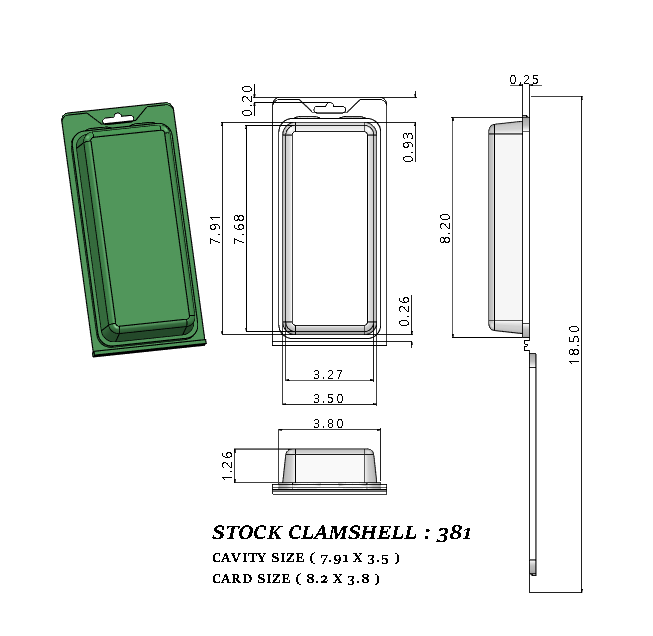 381 ( 3" x 7 1/2" x 1 1/4") -Stock Clamshell