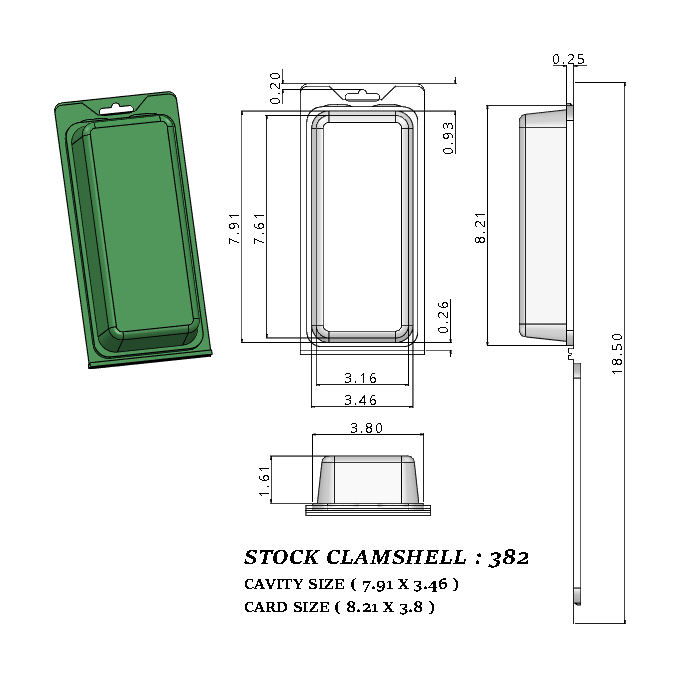 382 ( 3" x 7 1/2" x 1 5/8") -Stock Clamshell