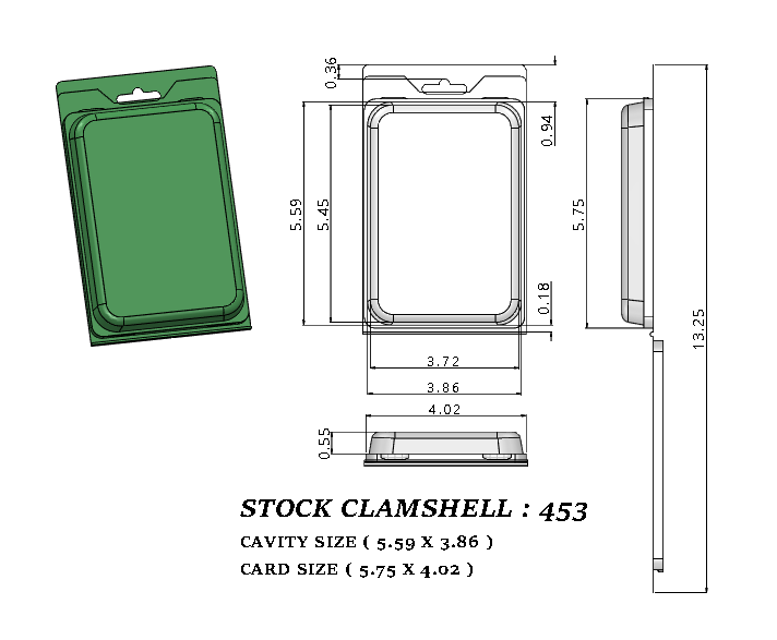 453 ( 3 3/4" x 5 5/8" x 1/2" ) -Stock Clamshell