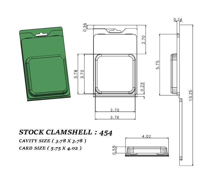 454 ( 3 3/4" x 3 3/4" x 1/2" ) -Stock Clamshell