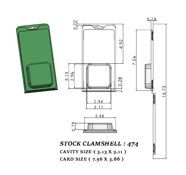 474 ( 3 1/8" x 3 1/8" x 1" ) -Stock Clamshell